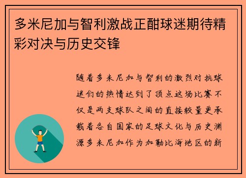 多米尼加与智利激战正酣球迷期待精彩对决与历史交锋